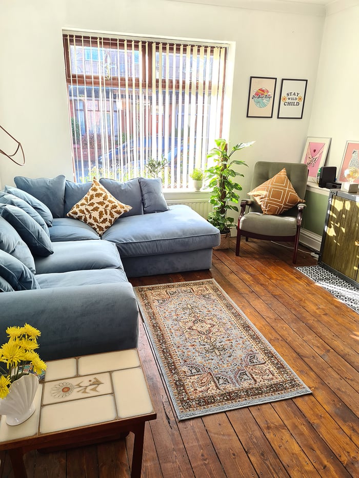 Large blue Baron right-hand corner sofa in velour fabric