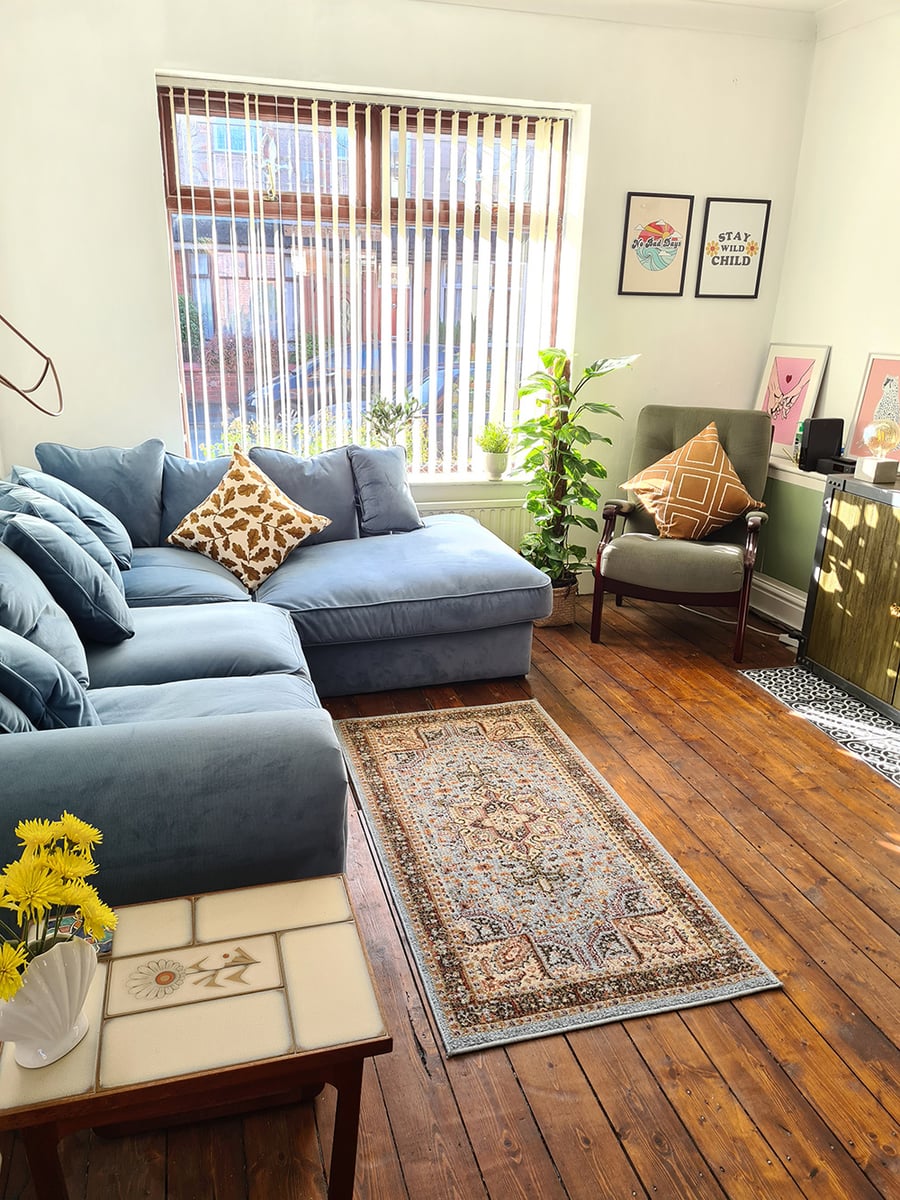 Large blue Baron right-hand corner sofa in velour fabric