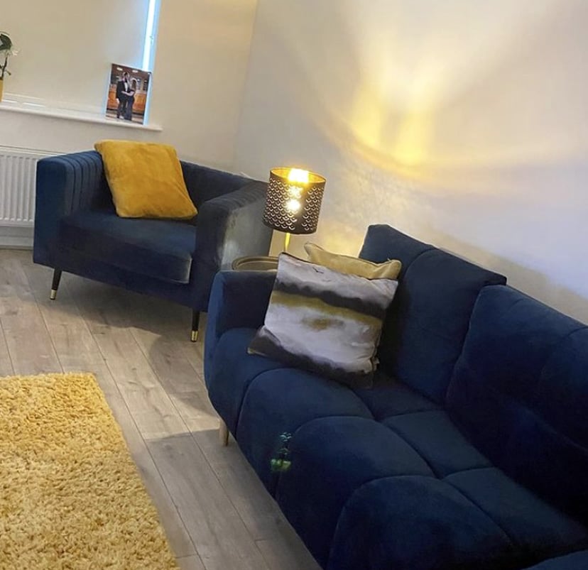 Navy blue Globe sofa and navy blue Slender armchair from @theellesmerehome