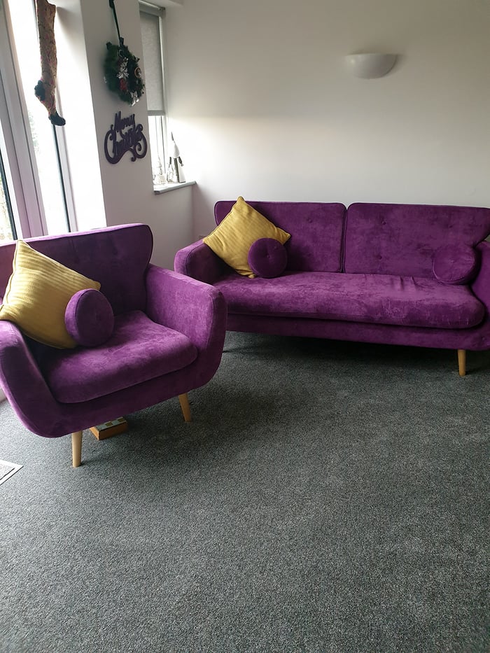 Rea purple sofa and armchair