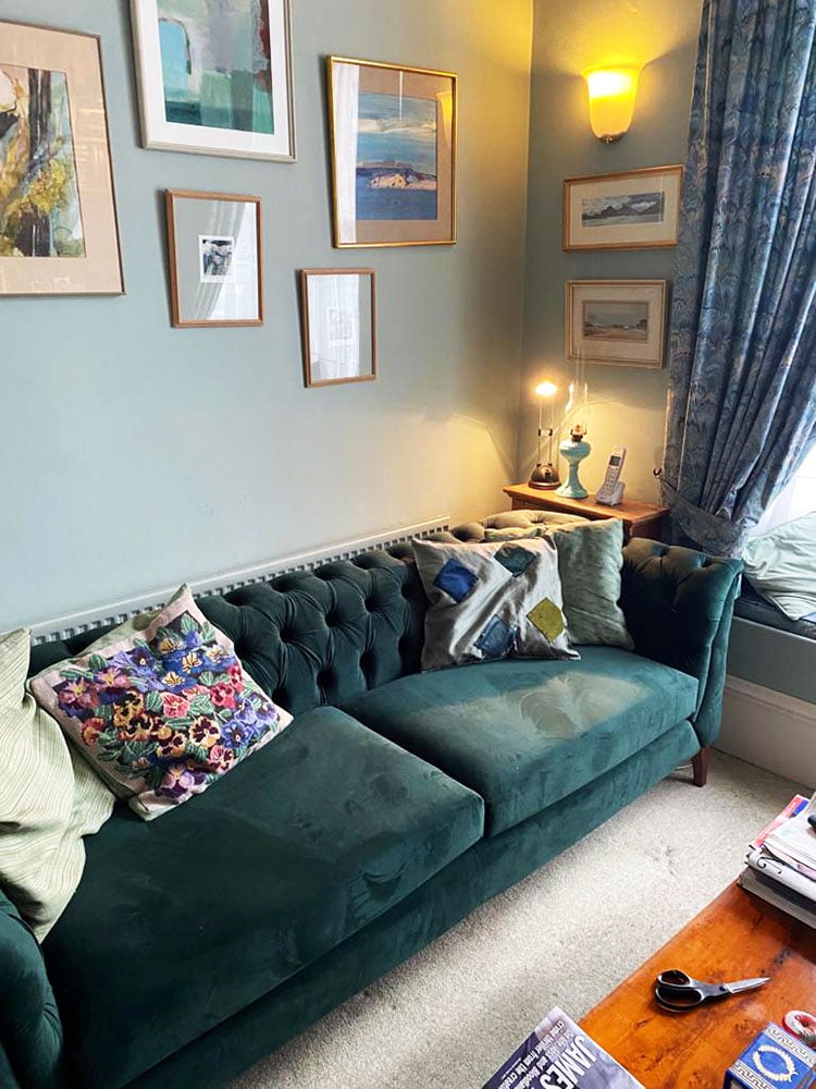The green Chesterfield Modern Wood sofa by Annie