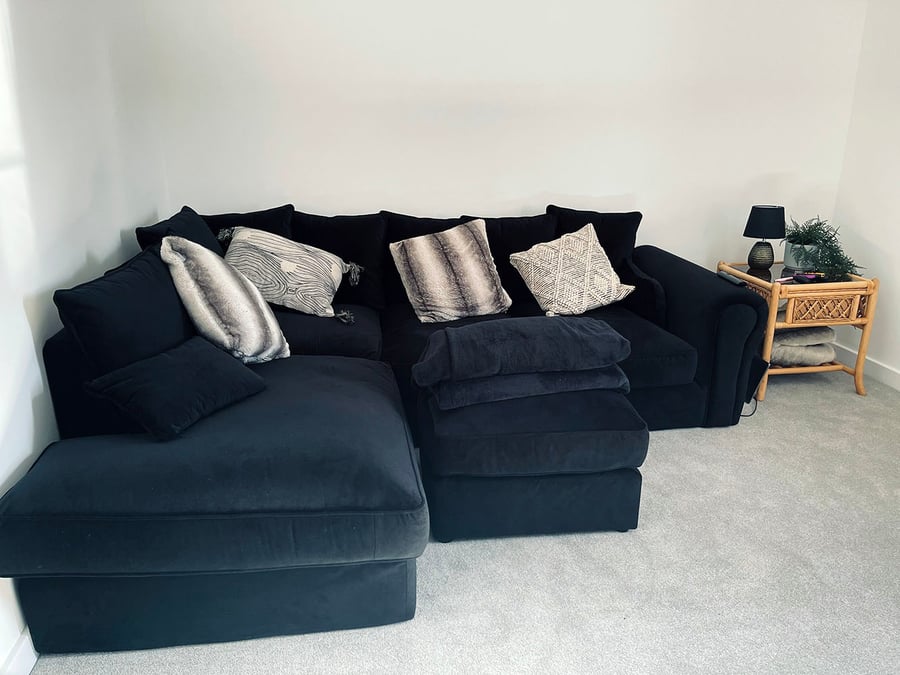Dark blue Baron corner sofa + pouf from Amber